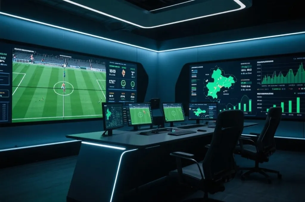 A modern sports analysis desk with high-tech screens showing generic football match statistics, player heatmaps, and performance charts, cinematic lighting